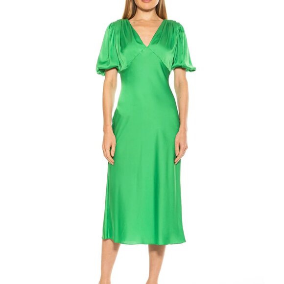 Alexia Admor Green Silky Dress Bust Ruching fitted waist leg slit wedding event - Picture 3 of 7